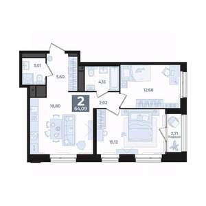 2-к квартира, вторичка, 64м2, 27/31 этаж