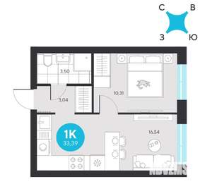 1-к квартира, строящийся дом, 33м2, 20/23 этаж