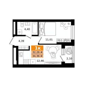 1-к квартира, строящийся дом, 34м2, 4/27 этаж
