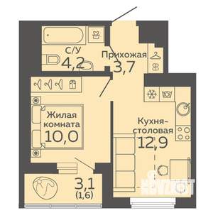 1-к квартира, вторичка, 32м2, 12/15 этаж