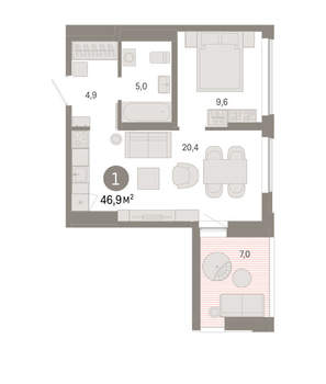 1-к квартира, вторичка, 47м2, 12/16 этаж