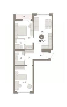 2-к квартира, вторичка, 64м2, 4/7 этаж