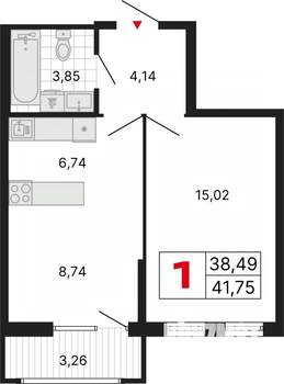 1-к квартира, вторичка, 42м2, 3/25 этаж