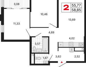 2-к квартира, вторичка, 59м2, 4/25 этаж