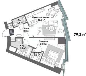 2-к квартира, вторичка, 79м2, 16/52 этаж