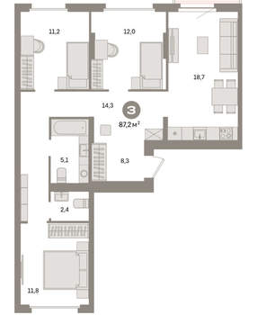 3-к квартира, вторичка, 87м2, 7/9 этаж