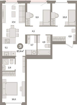 3-к квартира, вторичка, 87м2, 3/16 этаж