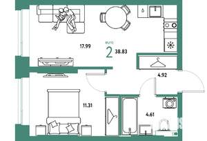 2-к квартира, строящийся дом, 39м2, 2/24 этаж