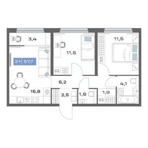 2-к квартира, строящийся дом, 58м2, 19/25 этаж