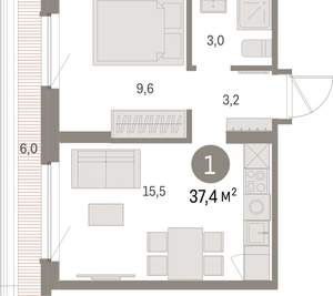 1-к квартира, вторичка, 37м2, 8/9 этаж