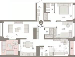 3-к квартира, вторичка, 101м2, 6/16 этаж