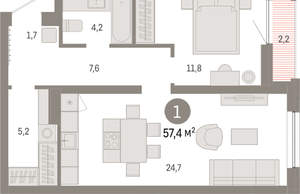 1-к квартира, вторичка, 57м2, 5/16 этаж