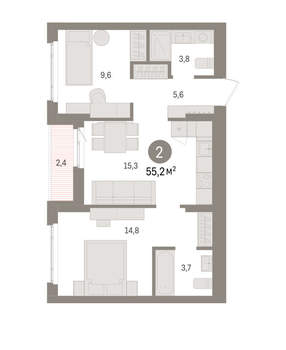 2-к квартира, вторичка, 55м2, 2/16 этаж