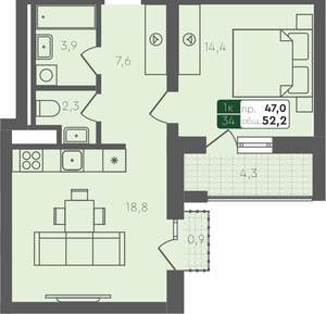 1-к квартира, вторичка, 52м2, 4/2 этаж