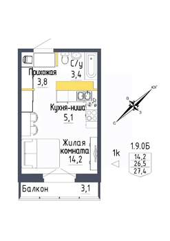 1-к квартира, строящийся дом, 27м2, 9/9 этаж