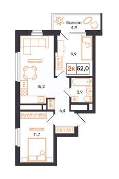 2-к квартира, вторичка, 52м2, 10/21 этаж