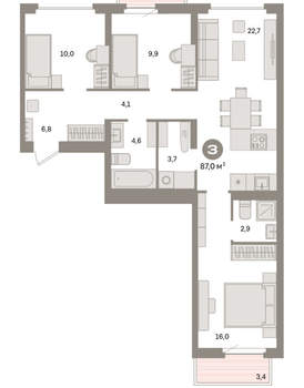 3-к квартира, вторичка, 87м2, 6/9 этаж