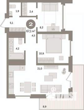 2-к квартира, вторичка, 67м2, 9/24 этаж