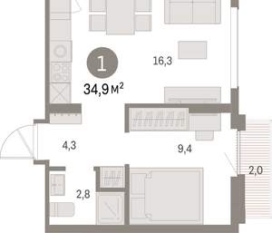 1-к квартира, вторичка, 35м2, 3/9 этаж