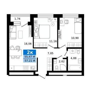 2-к квартира, строящийся дом, 57м2, 12/23 этаж