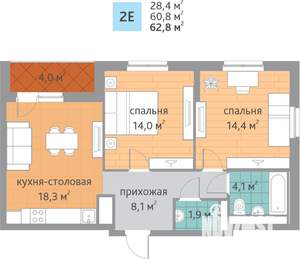 2-к квартира, вторичка, 63м2, 19/22 этаж