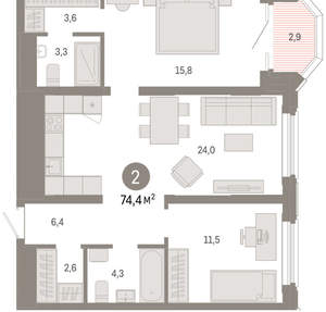 2-к квартира, вторичка, 74м2, 10/24 этаж