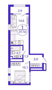 1-к квартира, строящийся дом, 36м2, 3/27 этаж