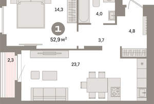 1-к квартира, вторичка, 53м2, 3/16 этаж