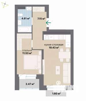 1-к квартира, вторичка, 47м2, 3/26 этаж