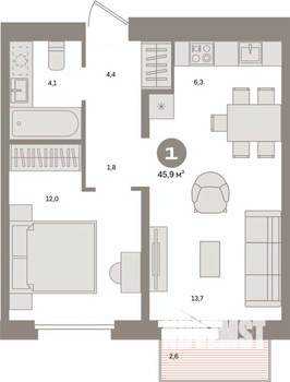 1-к квартира, вторичка, 46м2, 4/7 этаж