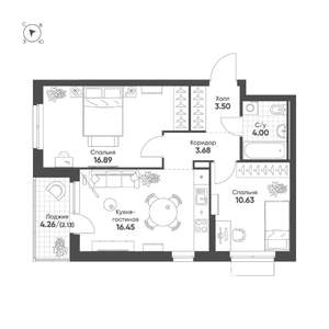 2-к квартира, строящийся дом, 57м2, 3/25 этаж