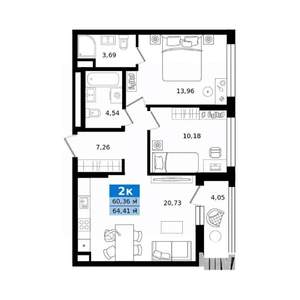 2-к квартира, строящийся дом, 64м2, 3/8 этаж