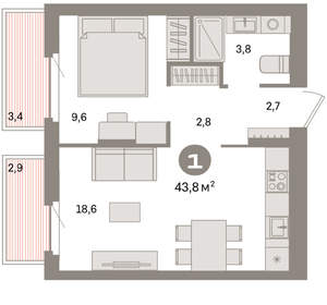 1-к квартира, вторичка, 44м2, 2/9 этаж
