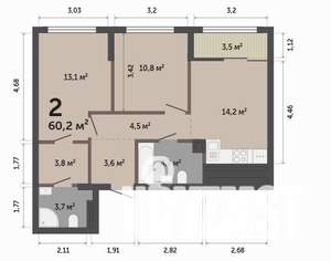 2-к квартира, строящийся дом, 60м2, 10/17 этаж