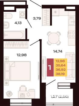 1-к квартира, вторичка, 38м2, 5/30 этаж
