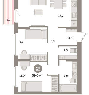 2-к квартира, вторичка, 59м2, 6/9 этаж