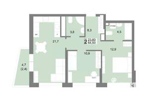 2-к квартира, строящийся дом, 65м2, 21/25 этаж