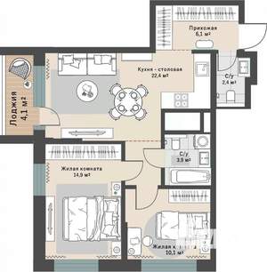 2-к квартира, вторичка, 65м2, 10/29 этаж