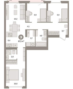 3-к квартира, вторичка, 87м2, 7/16 этаж