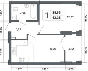 1-к квартира, вторичка, 42м2, 17/24 этаж
