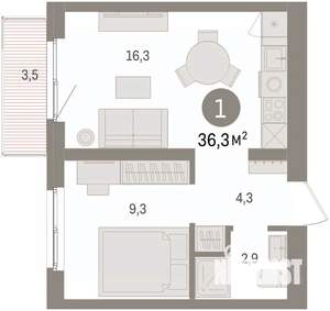 1-к квартира, вторичка, 36м2, 3/8 этаж