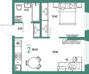 2-к квартира, строящийся дом, 39м2, 22/25 этаж