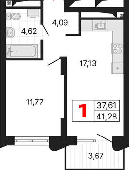 1-к квартира, вторичка, 41м2, 12/25 этаж