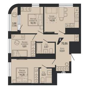 3-к квартира, вторичка, 71м2, 16/26 этаж