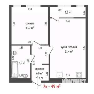 2-к квартира, вторичка, 49м2, 2/17 этаж