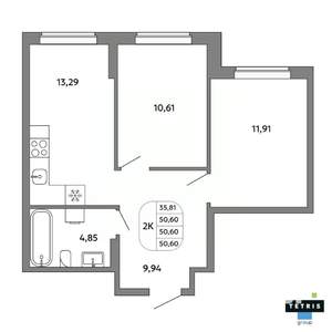 2-к квартира, вторичка, 51м2, 15/32 этаж