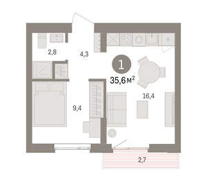1-к квартира, вторичка, 36м2, 3/16 этаж
