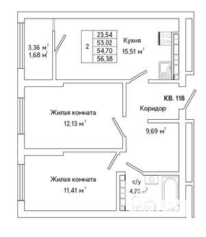 2-к квартира, строящийся дом, 56м2, 13/25 этаж