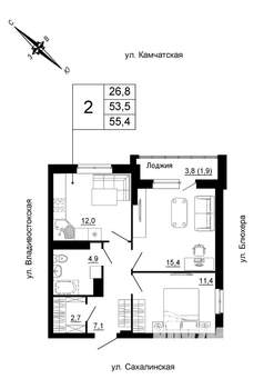 2-к квартира, вторичка, 55м2, 24/24 этаж