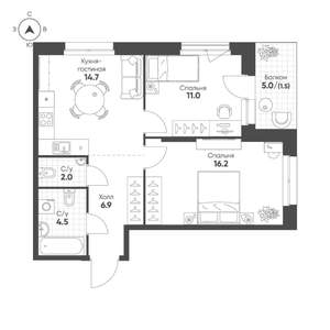 2-к квартира, строящийся дом, 57м2, 13/16 этаж
